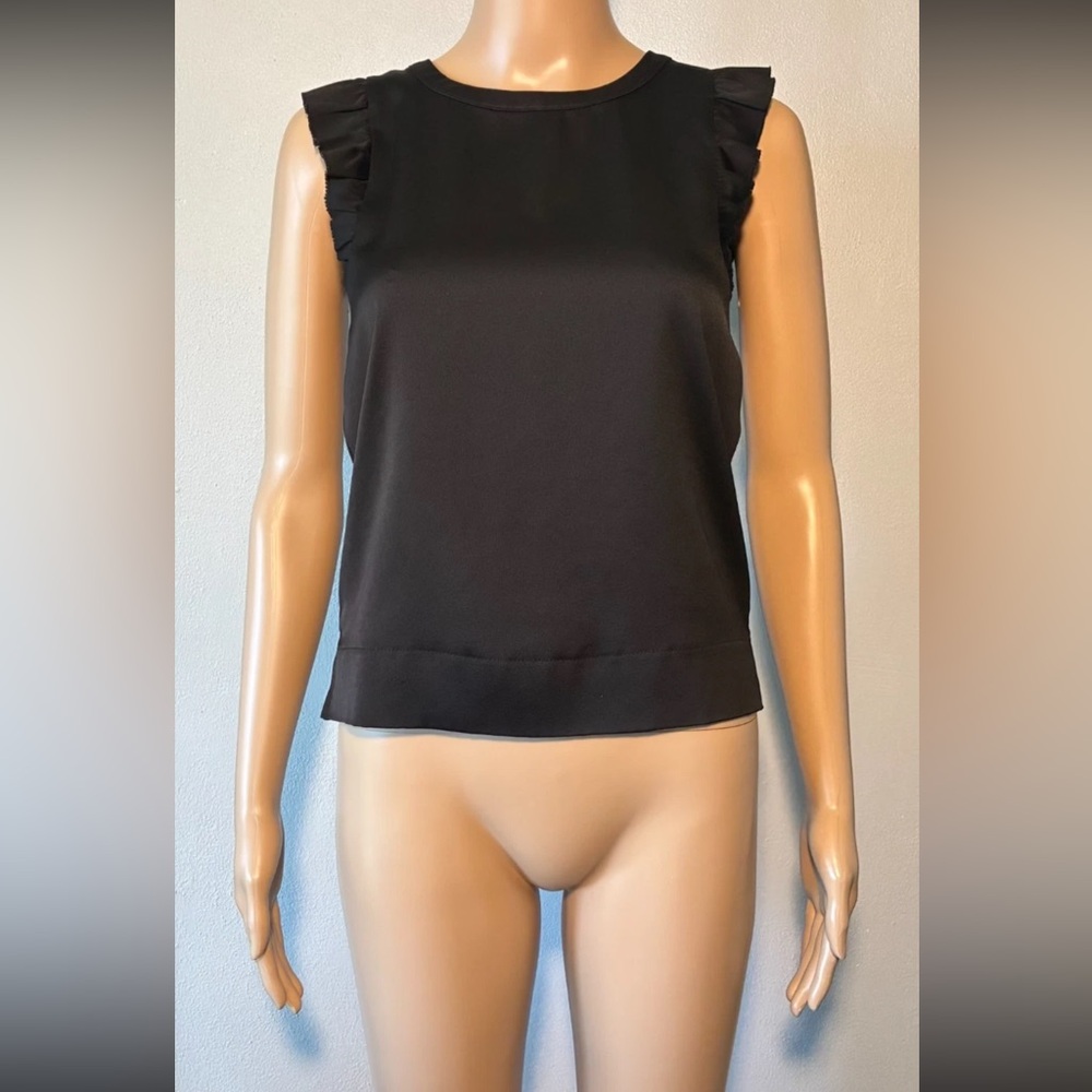 Ann Taylor Petite Women's Blouse Size XXSP Black Satin Flutter Sleeve Round Neck